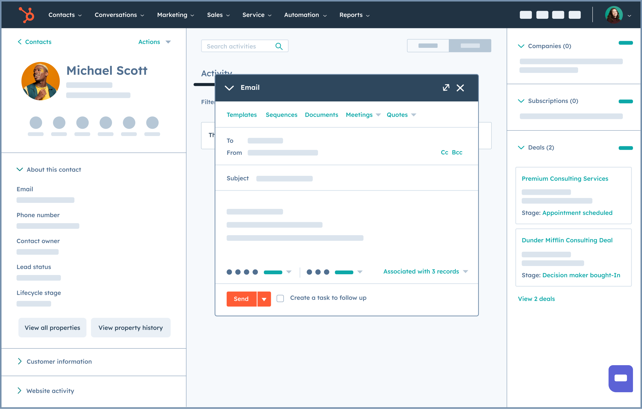 HubSpot software showing sending an email from a contact record