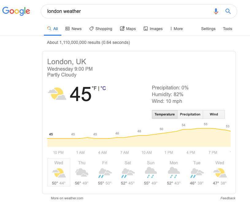 Screenshot of a search result for London weather