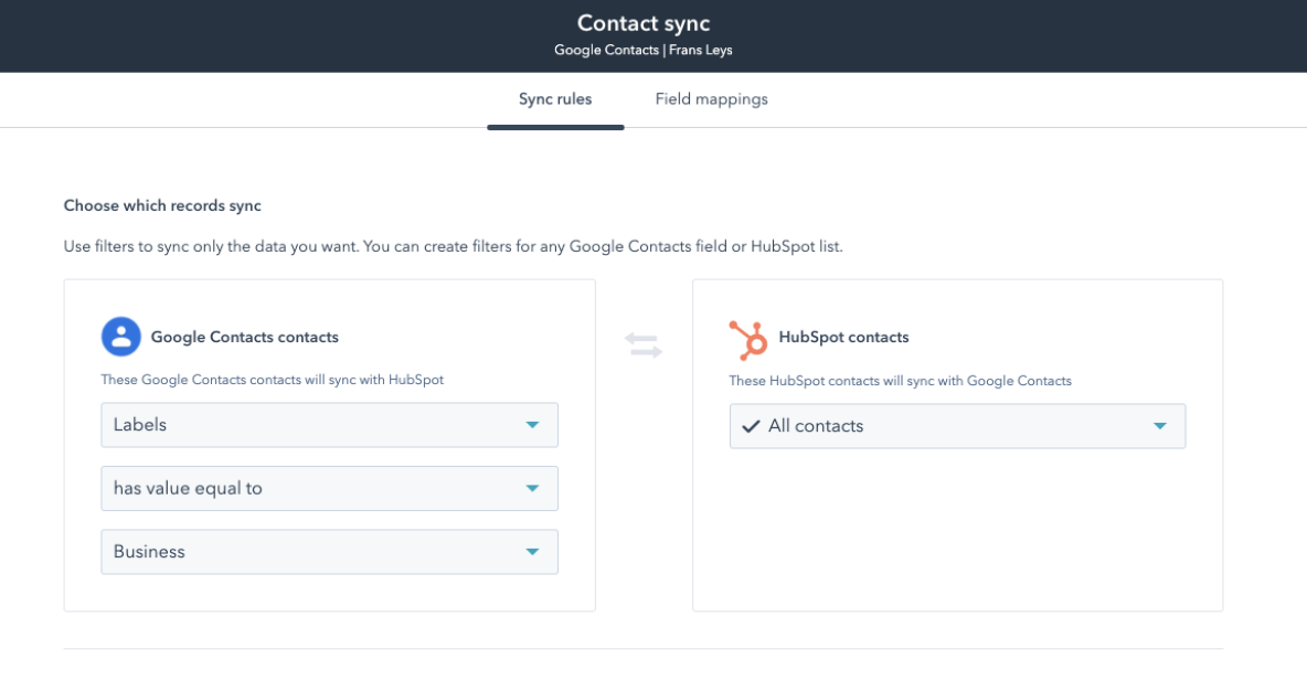 Dashboard showing a HubSpot and Google Contacts Integration