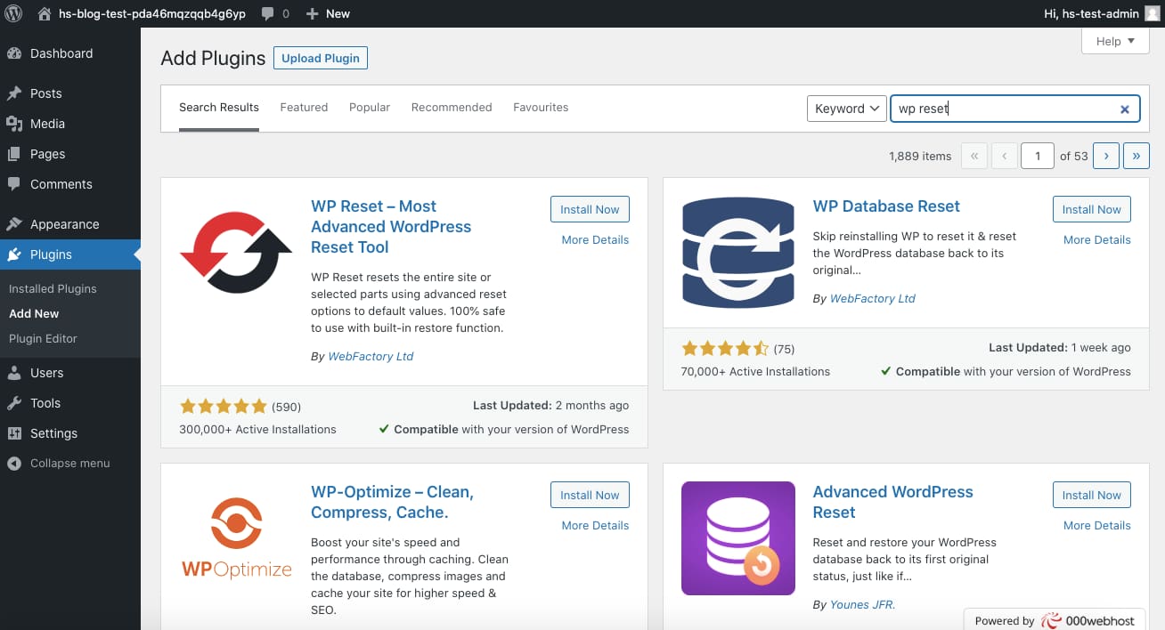 Search WP Reset in WordPress dashboard to install and activate it