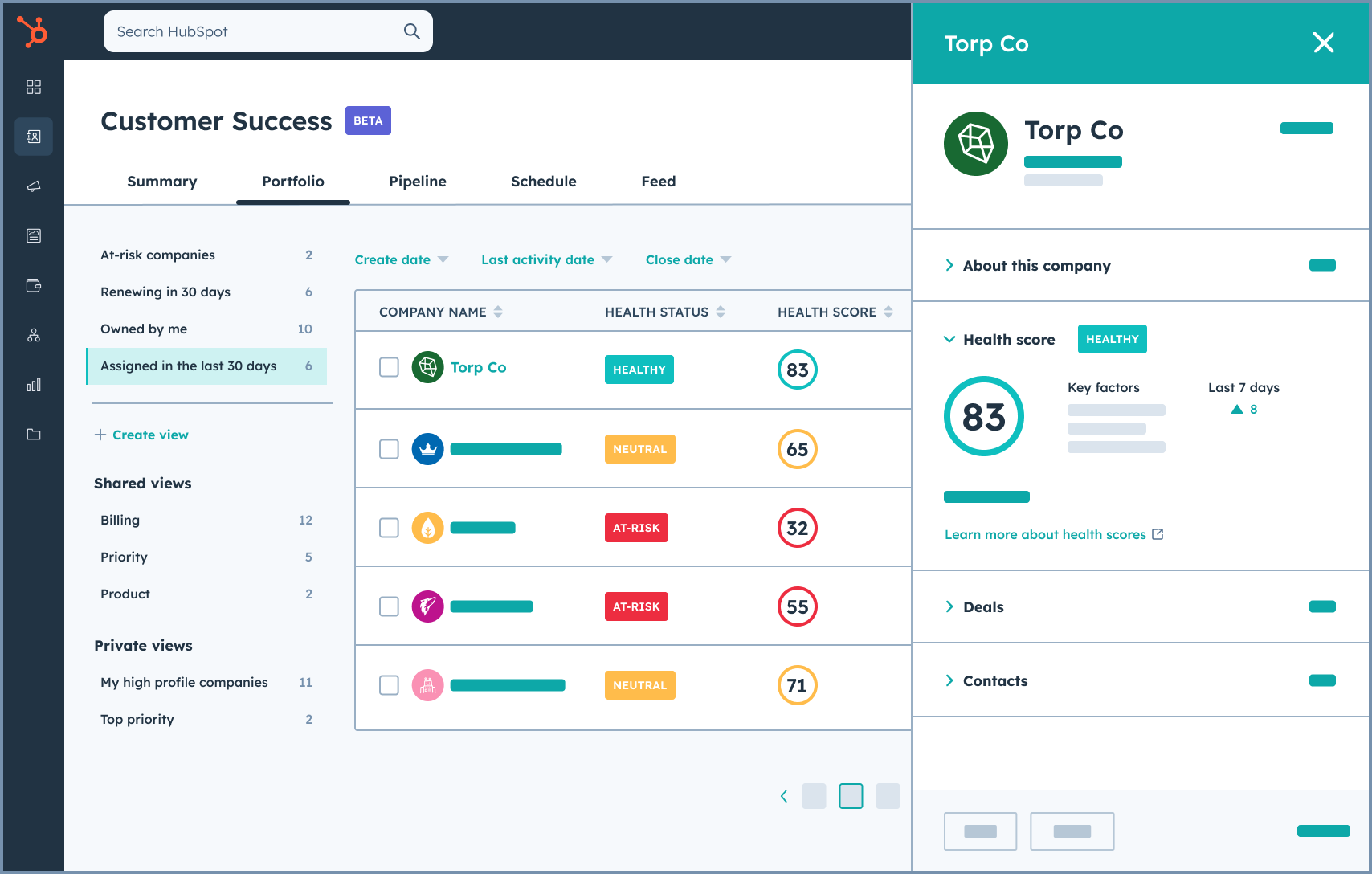 Simplified user interface of customer success workspace in HubSpot with customer health scores