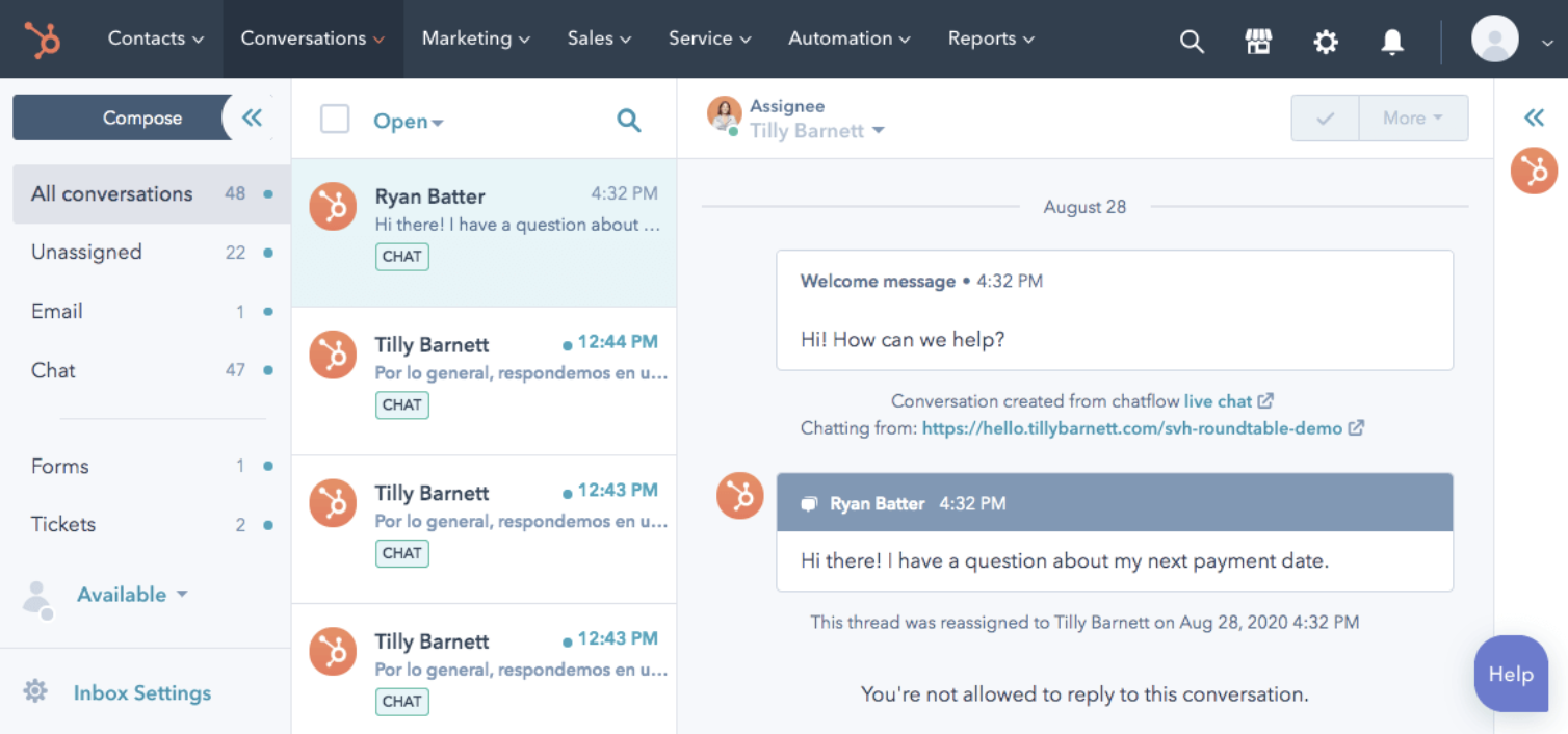 View of the shared inbox in Service Hub Starter showing conversations from chat, email, tickets, etc.