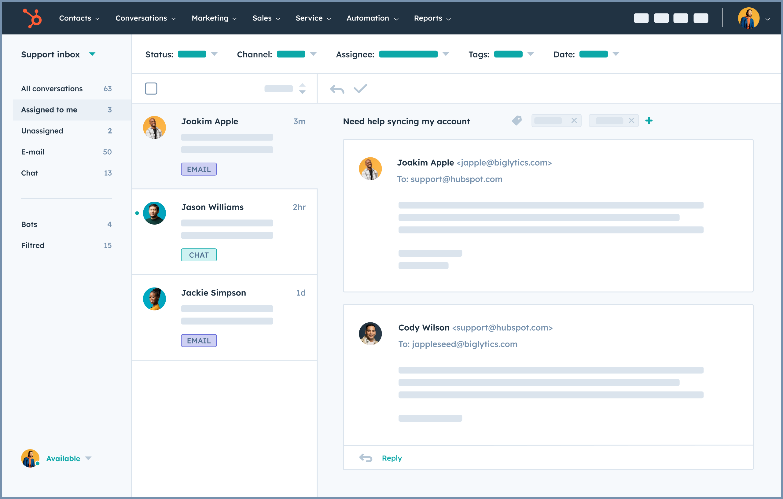 Hubspot's help desk tool showing a shared inbox
