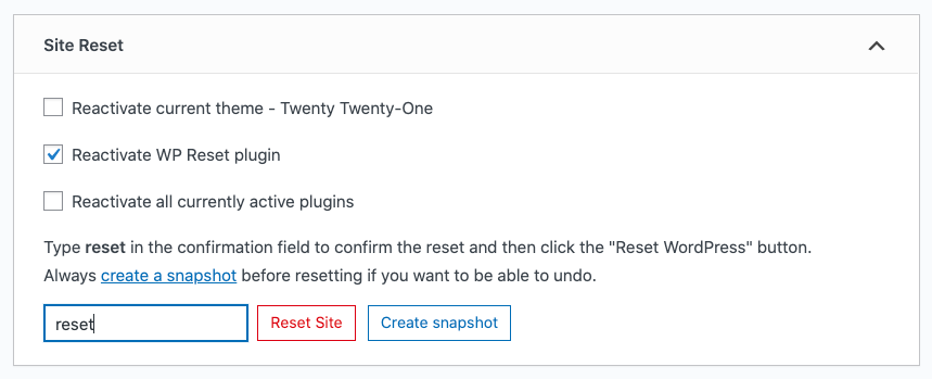 Type reset into Site Reset section of WP Reset plugin