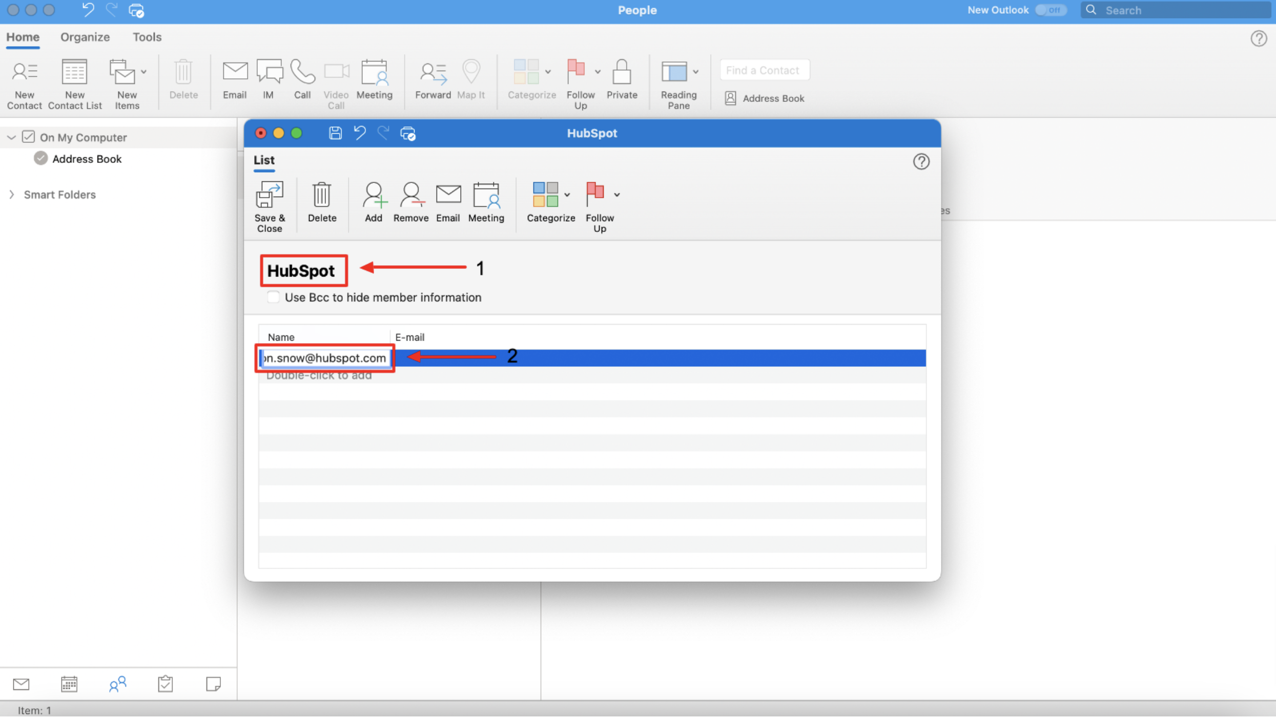 How to create a distribution list in Outlook for Mac: Use Bcc to hide member information from contact group members.