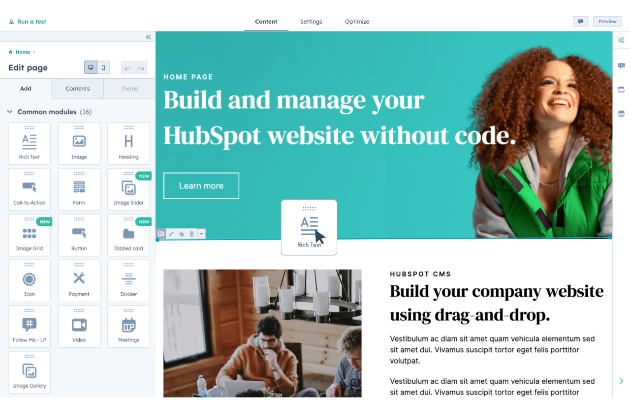 HubSpot CMS tools showing drag-and-drop page editing