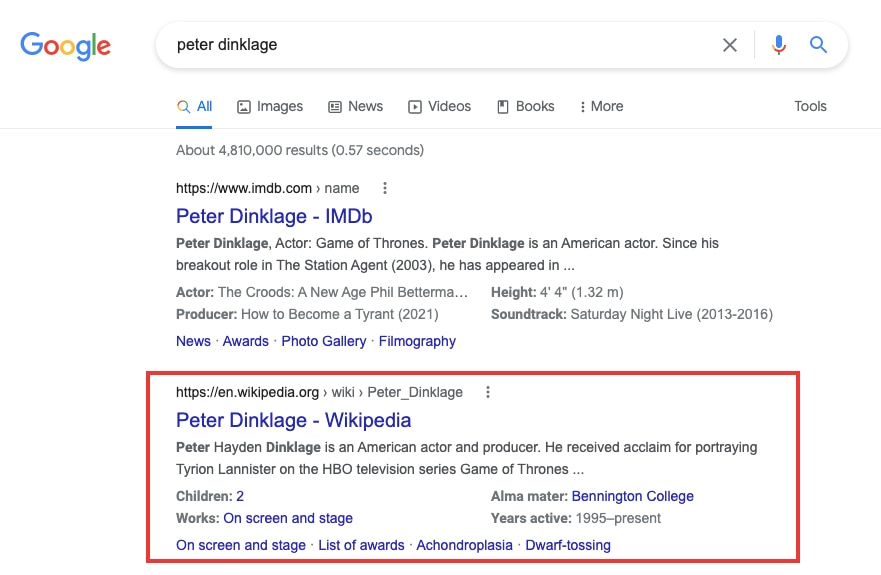 Wikipedia page is second result on Google SERP for keyword peter dinklage