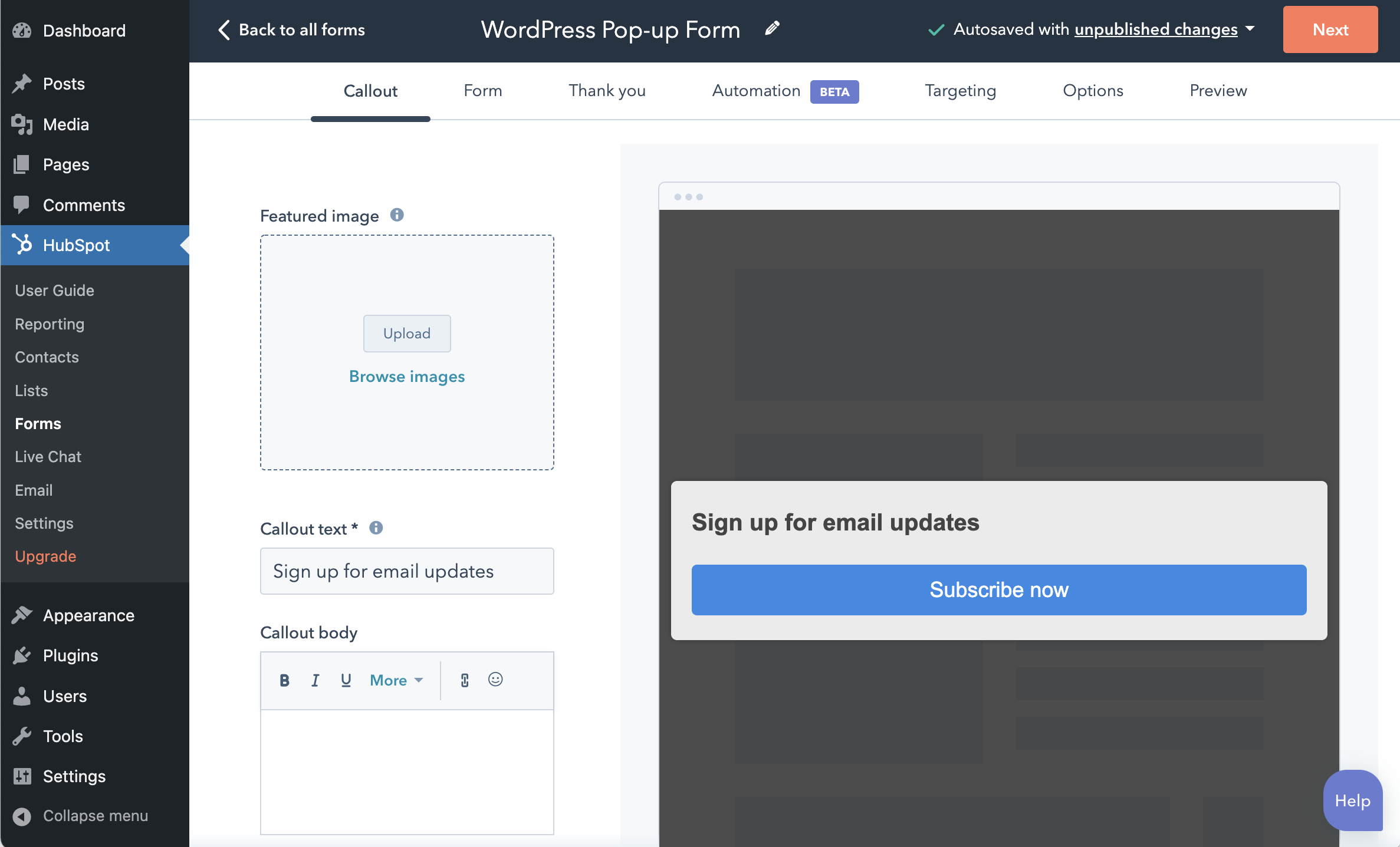 WordPress pop-up builder in the HubSpot plugin