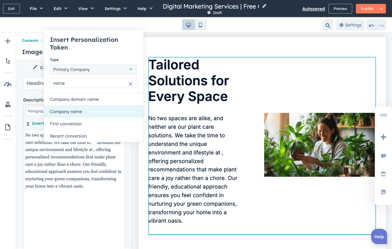 adding personalization tokens to plant landing page