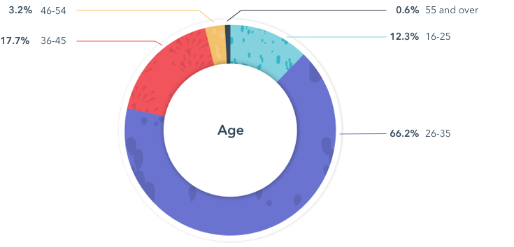 Age: Chart of age distribution among surveyed HubSpot employees. 12.3% 16-25, 66.2% 26-35, 17.7% 36-45, 3.2% 46-54, 0.6% 55 and over