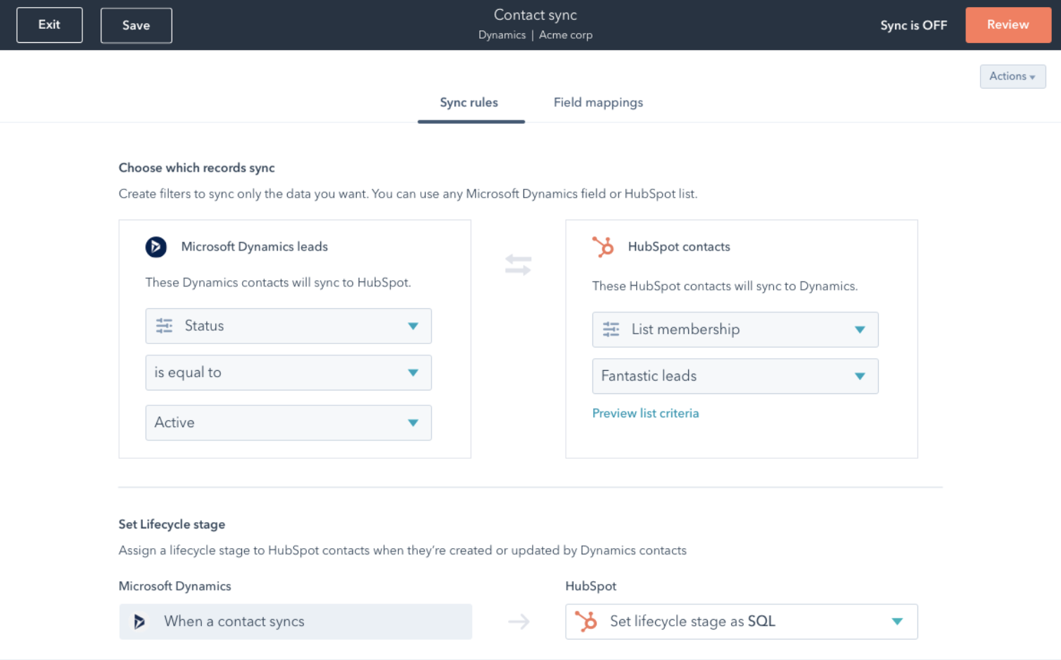 View of contact sync setup screen in Operations Hub Starter