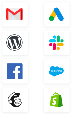 Featured integrations, including Gmail, Google Ads, Wordpress, Slack, Facebook, Salesforce, SurveyMonkey, and Shopify