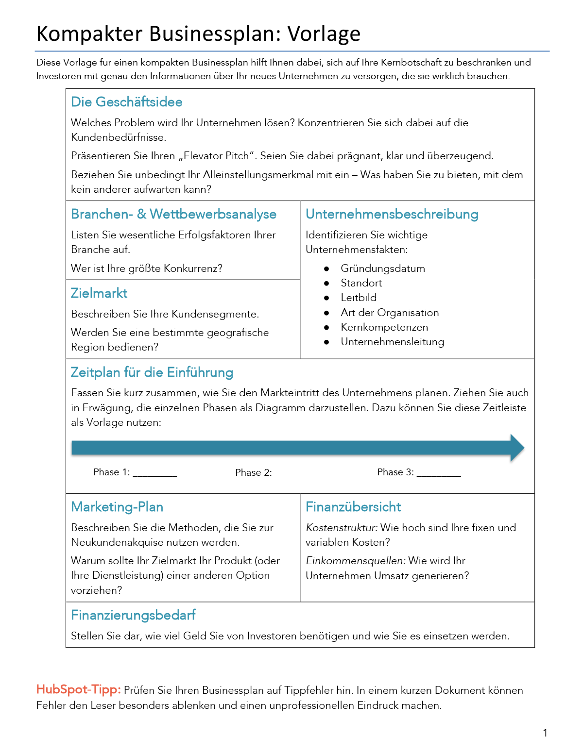Businessplan: Vorlage für PDF  Word  HubSpot Inside One Page Business Summary Template