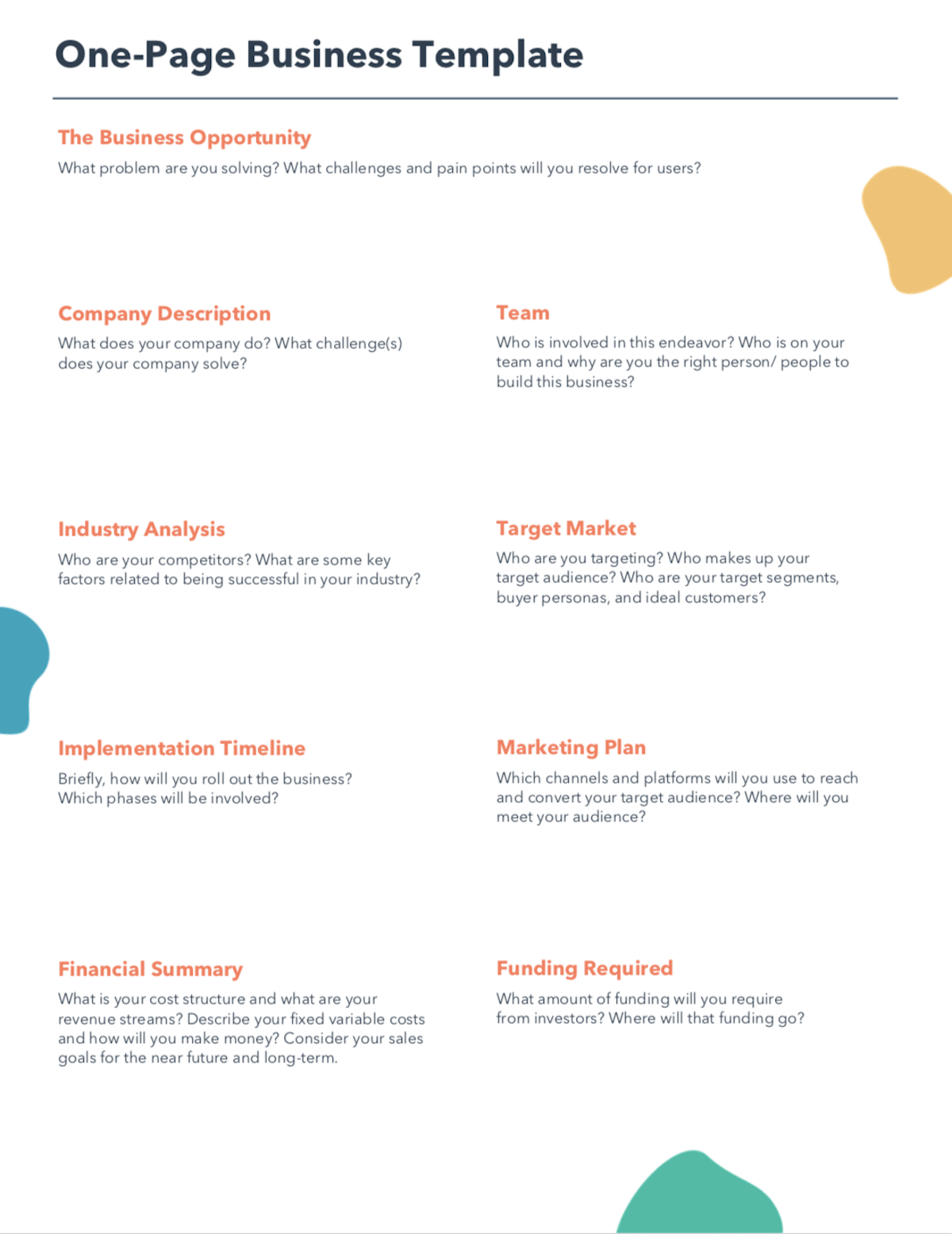 Free One Page Business Plan Template for PDF  Word  HubSpot Inside Business Plan For A Startup Business Template