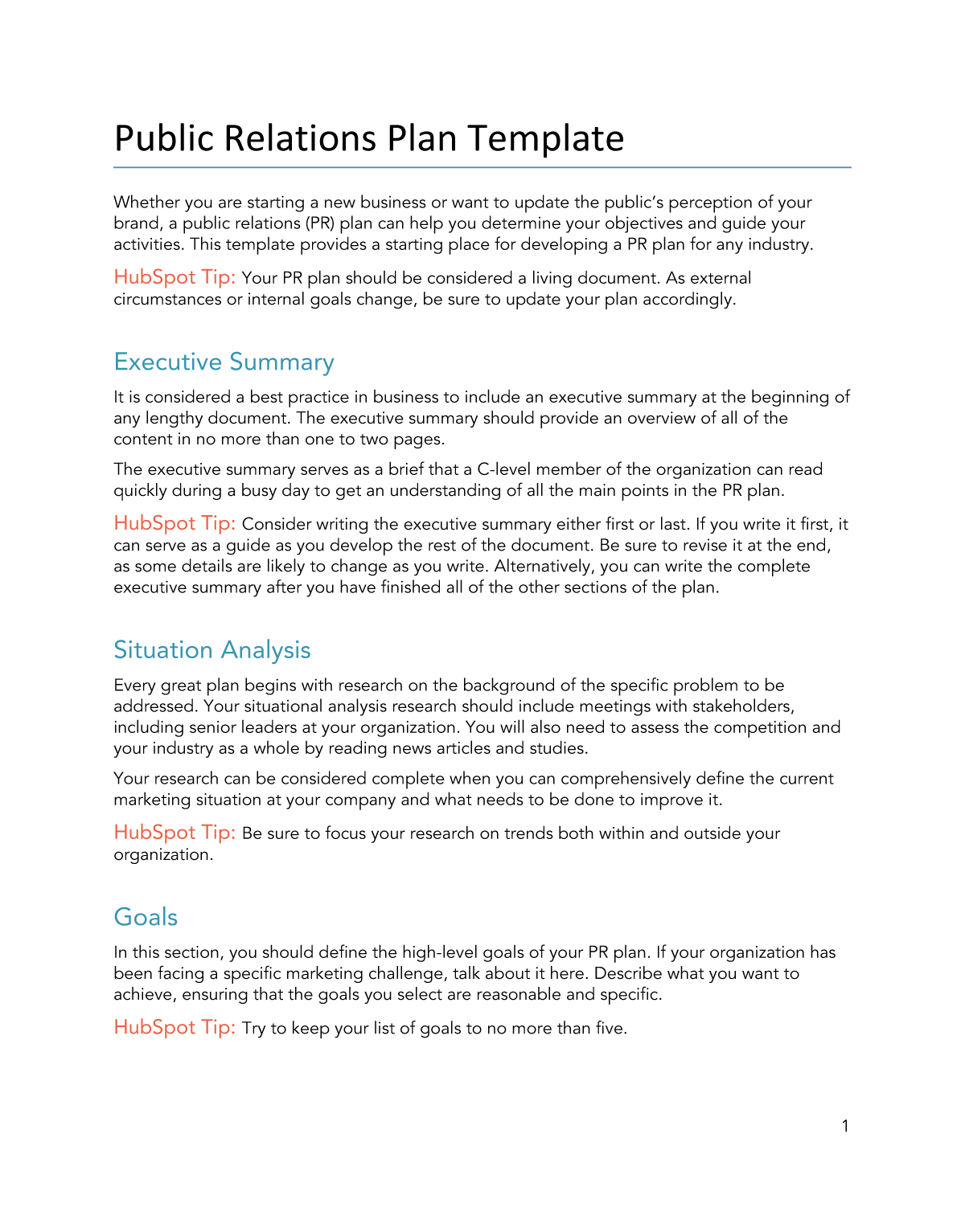Free PR Plan Template for PDF  Word  Google Docs  HubSpot Within Business Plan Template Free Word Document