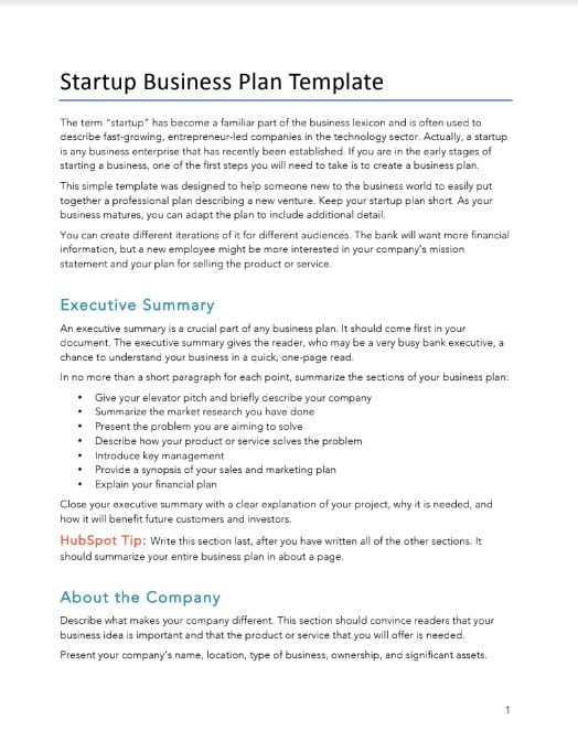 Free Startup Business Plan Template For Pdf Word Hubspot