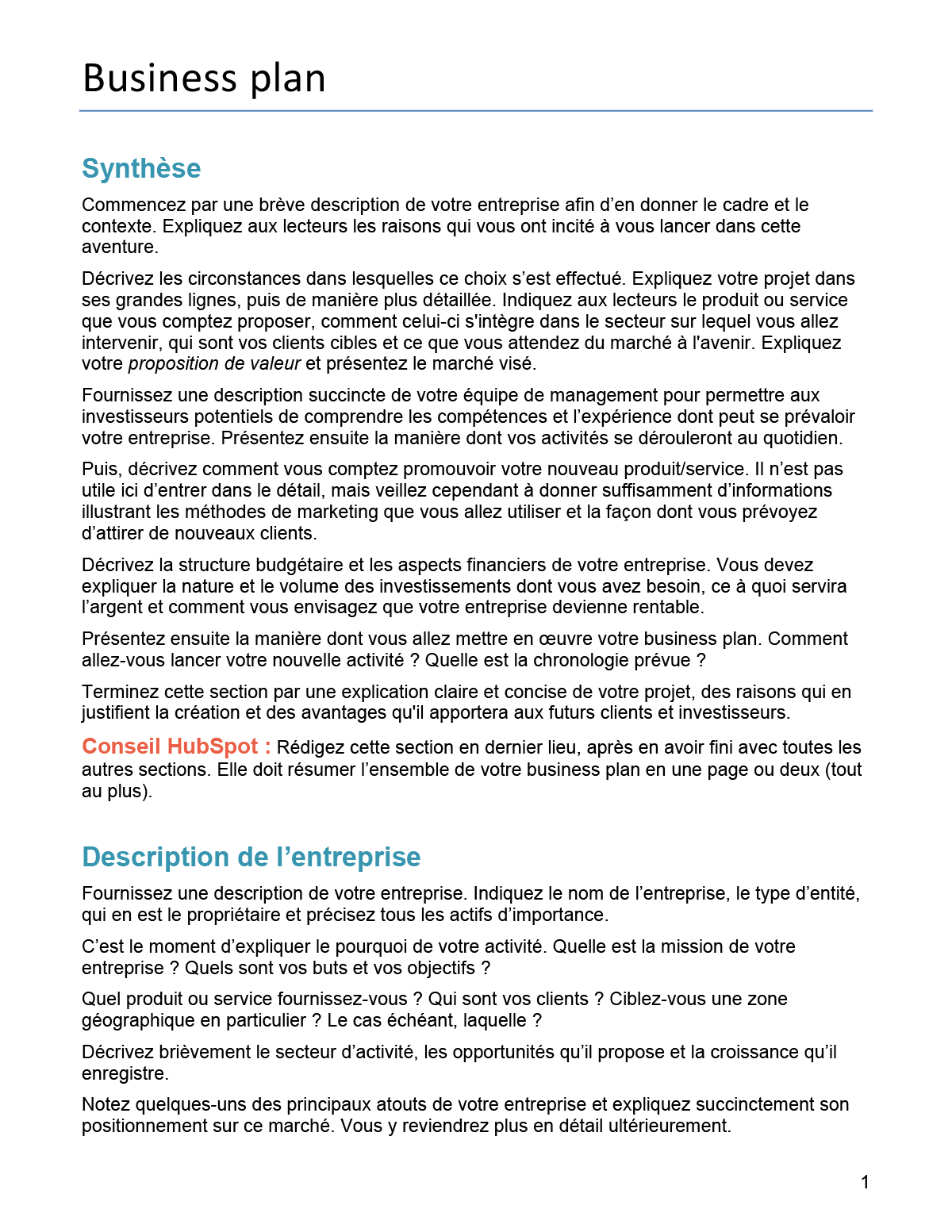 modele business plan format word