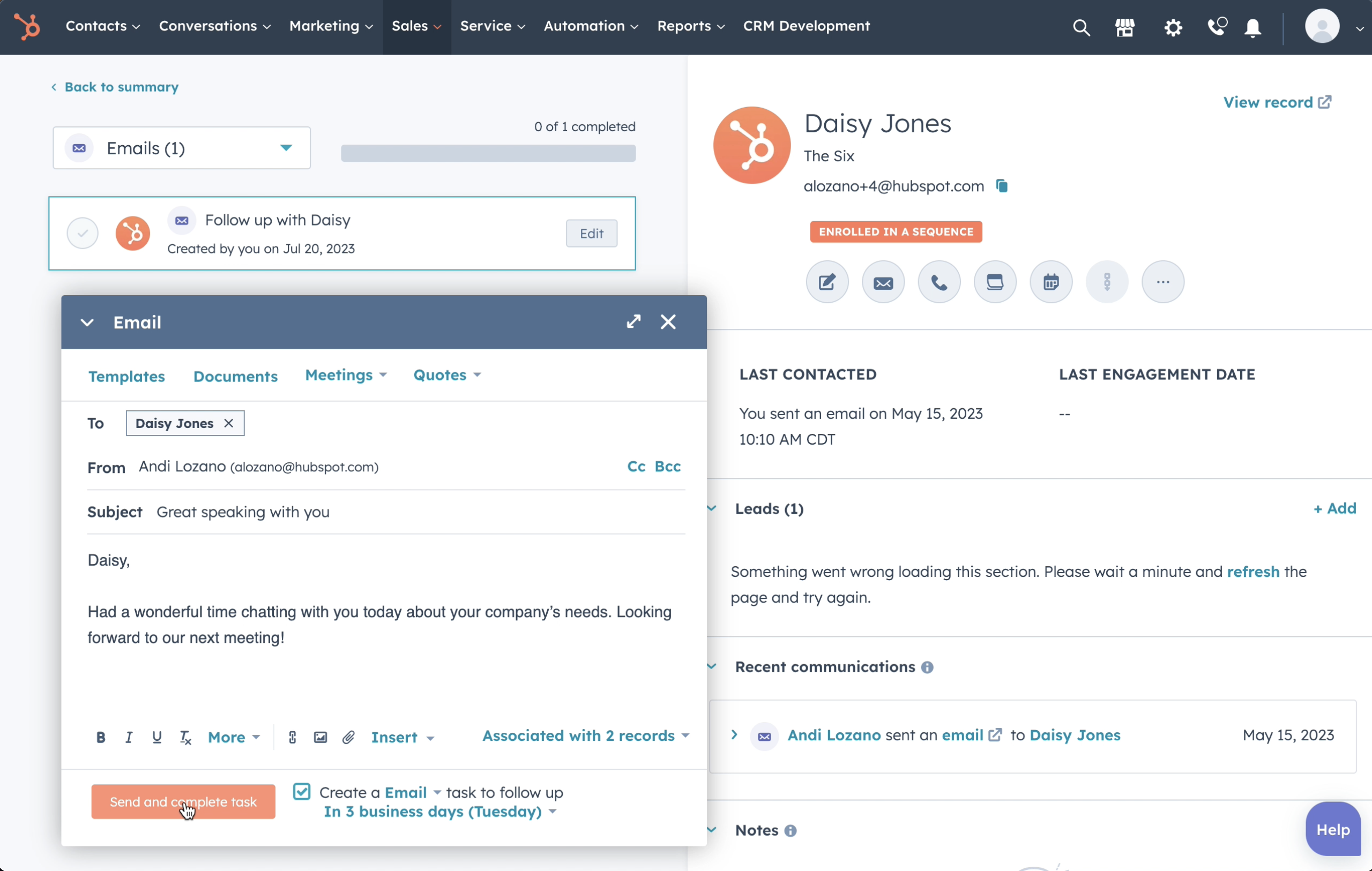 HubSpot prospecting workspace showing email functionality.