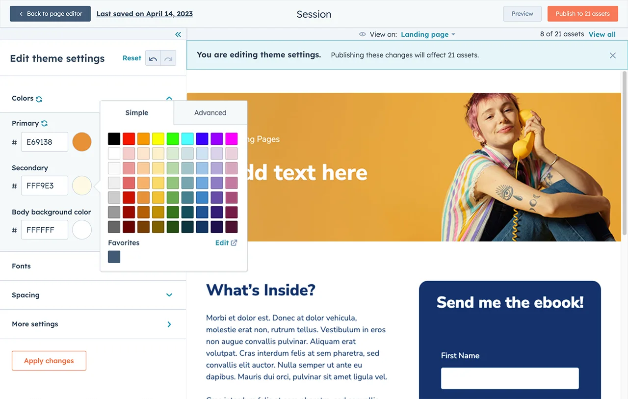 HubSpot one-page website builder showing color options.