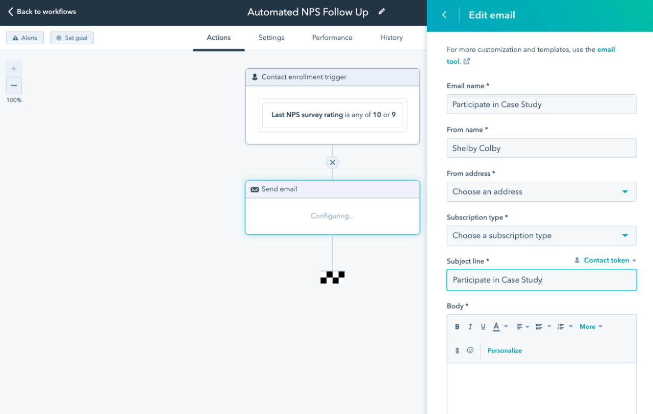 view of a workflow to automate NPS feedback