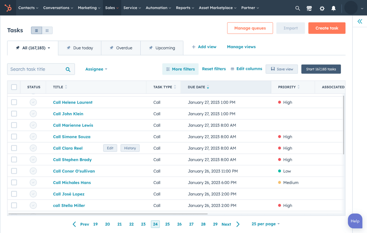 HubSpot call tracking software interface showing tasks list of calls to make with due dates