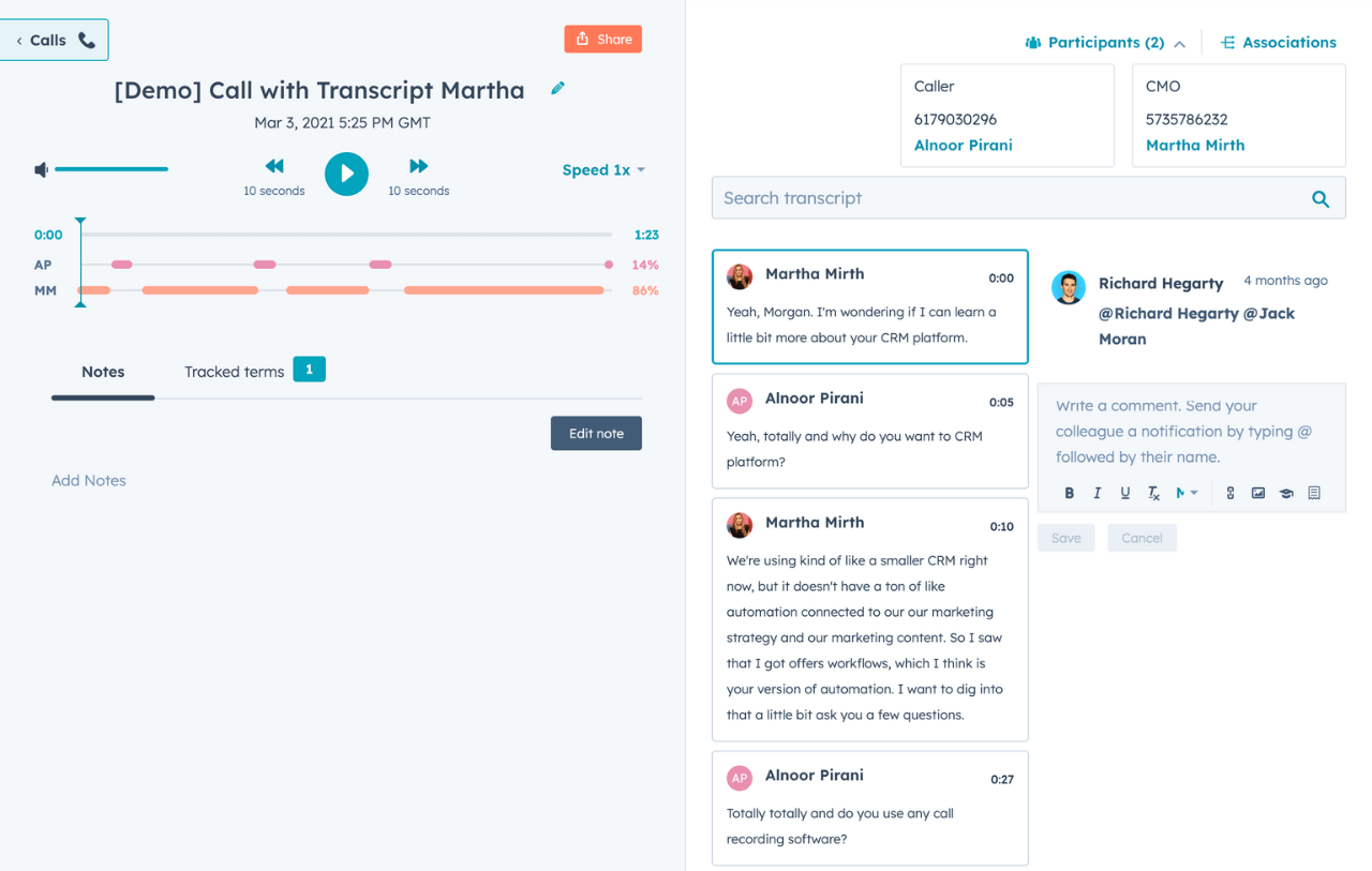 Interfaz de la herramienta de análisis de conversaciones de HubSpot, en la que se ve la función de rendimiento del equipo