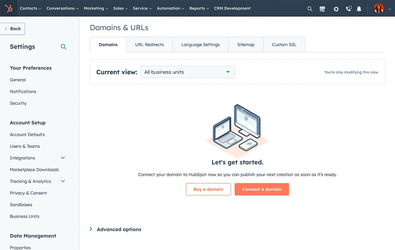 HubSpot interface showing ability to buy or connect a domain