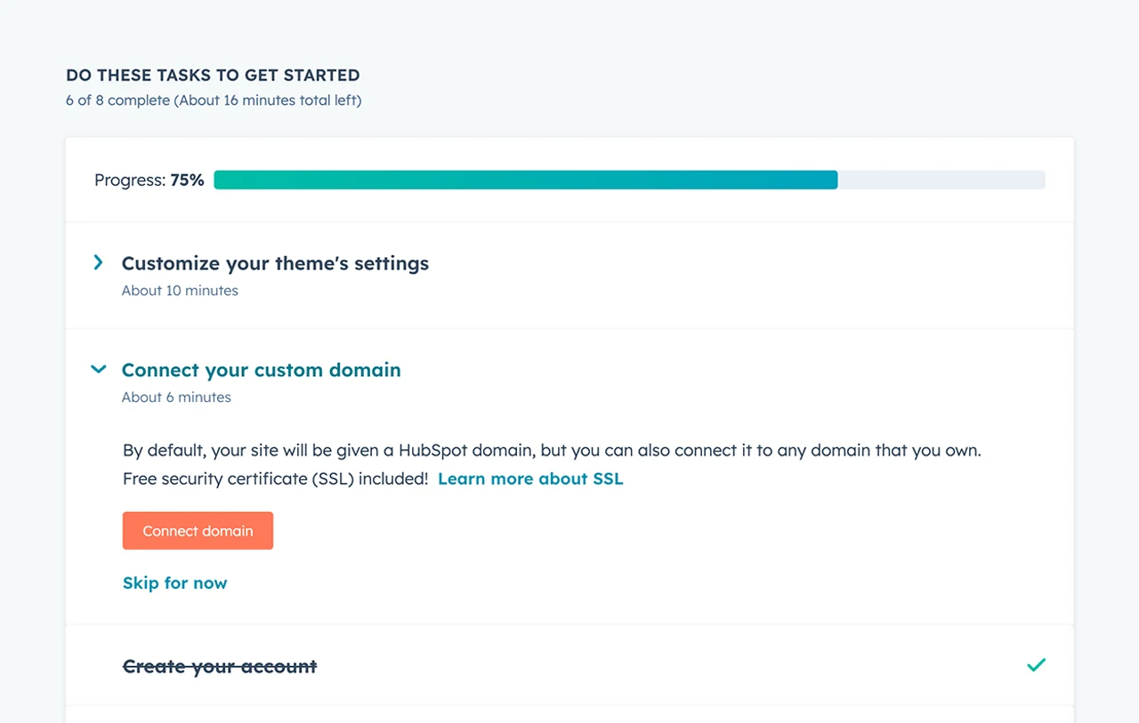 HubSpot interface showing steps to complete your website setup