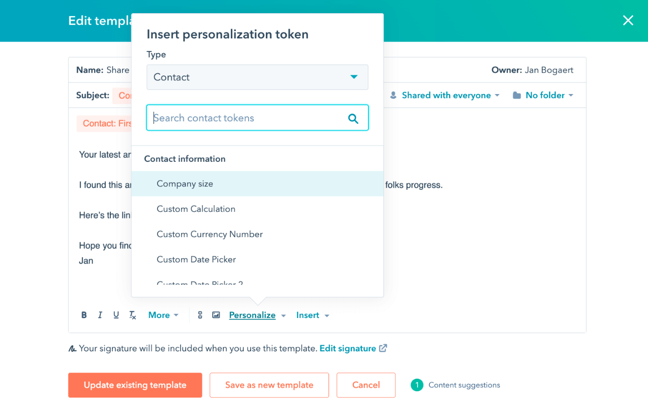 HubSpot email templates interface showing ability to add personalization tokens
