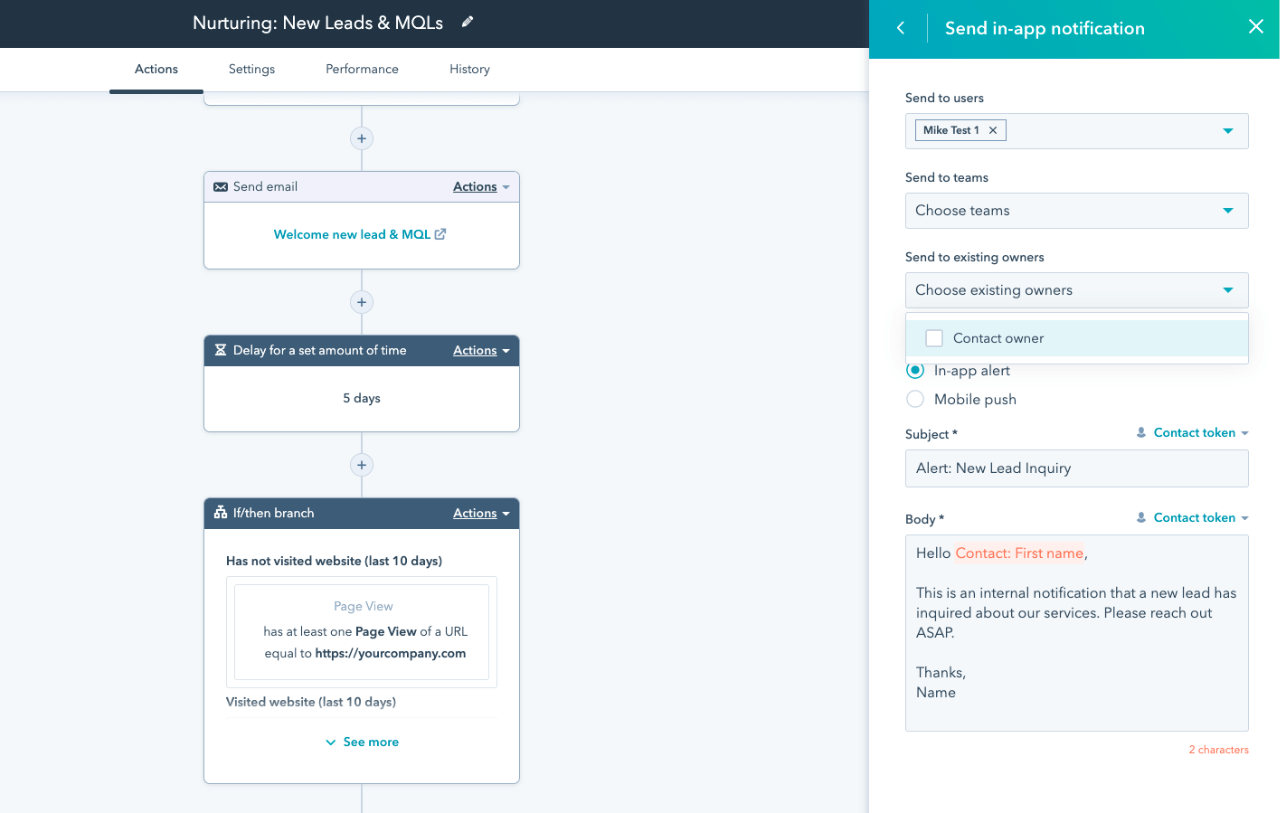 HubSpot marketing automation software interface showing options to send a personalized in-app message