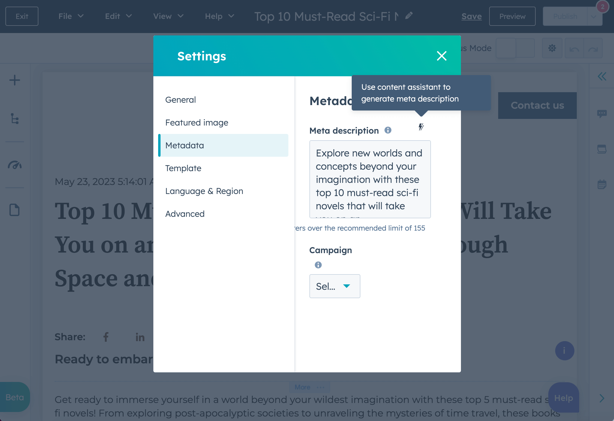 HubSpot content assistant controls for writing meta descriptions with AI
