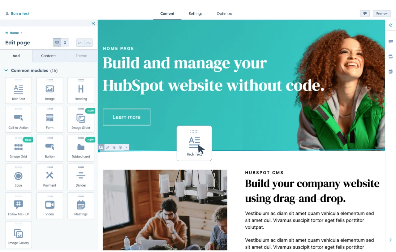 HubSpot website builder showing how to use the drag-and-drop experience to add content to a webpage