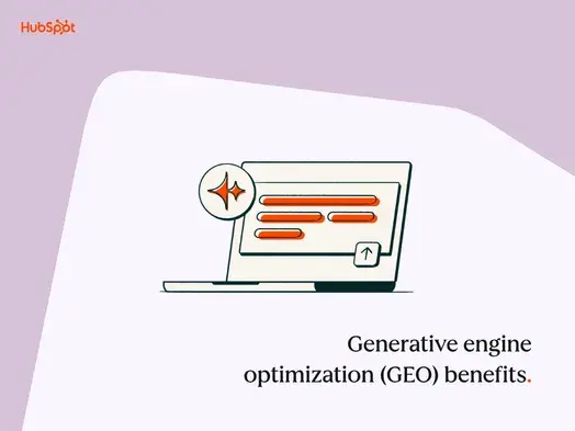  a hubspot-branded featured image with a pastel pink background and a light pink geometric shape in the foreground, with the words “generative engine optimization benefits” in the bottom righthand corner and a pictogram image in the center