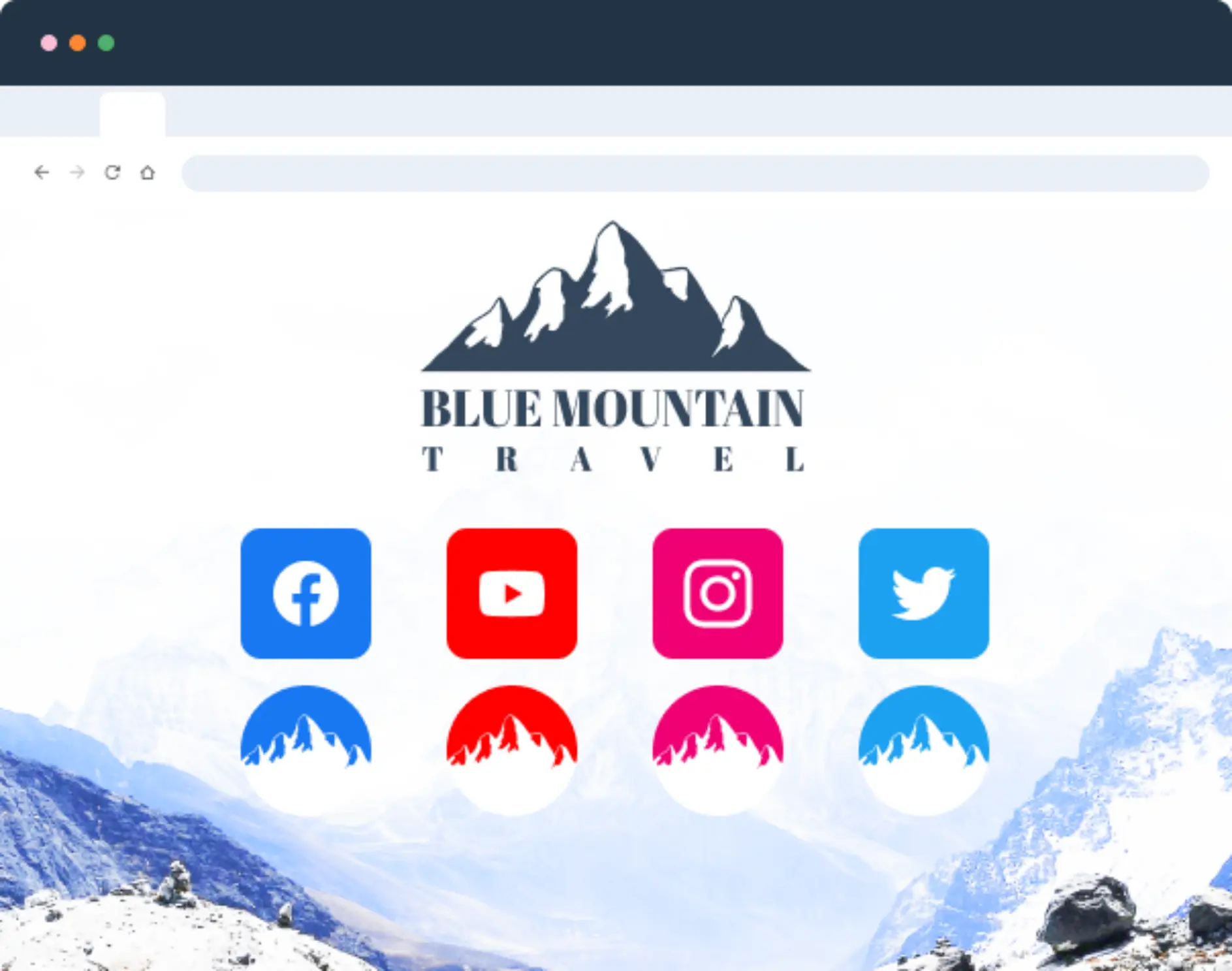 social media icons in different colors below the brand