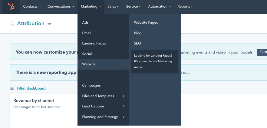 Drop-down menu in HubSpot dashboard leading to website pages