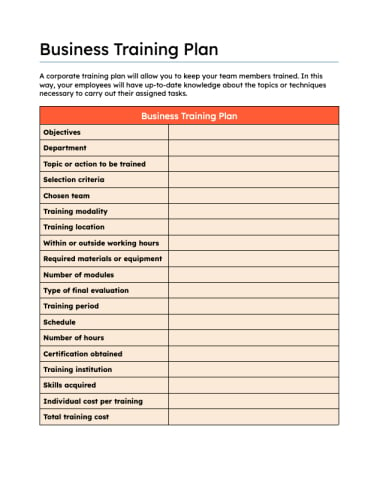 Business Training Plan Template
