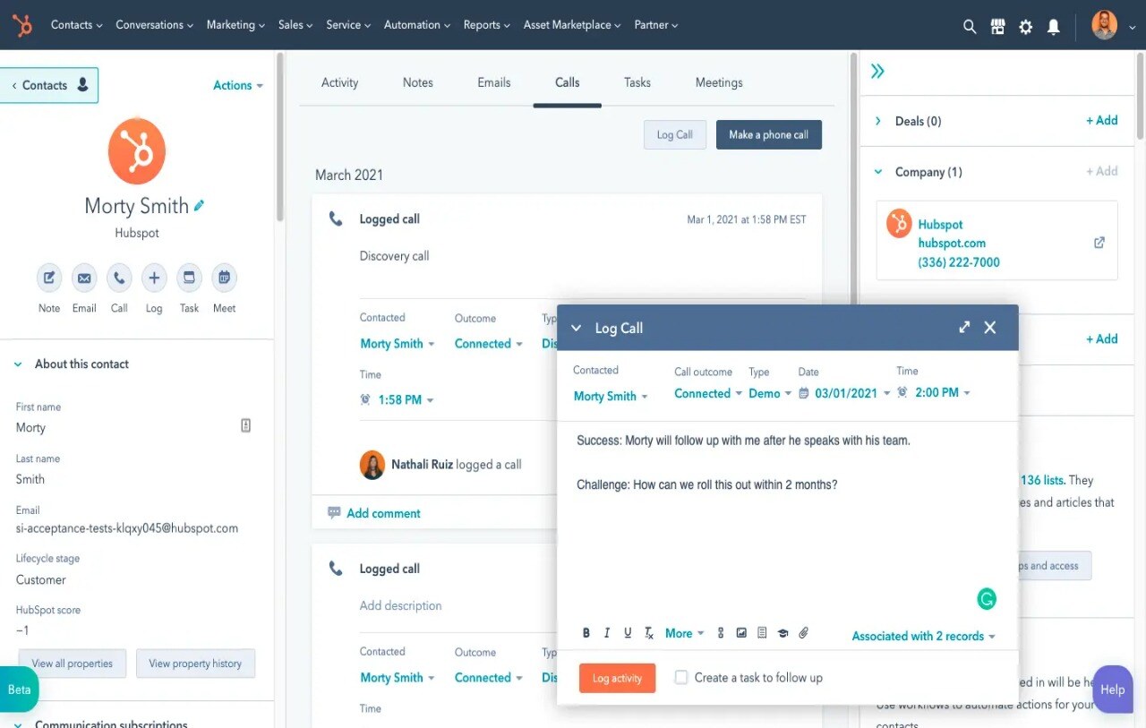 screenshot of logging a call on the call logging app 