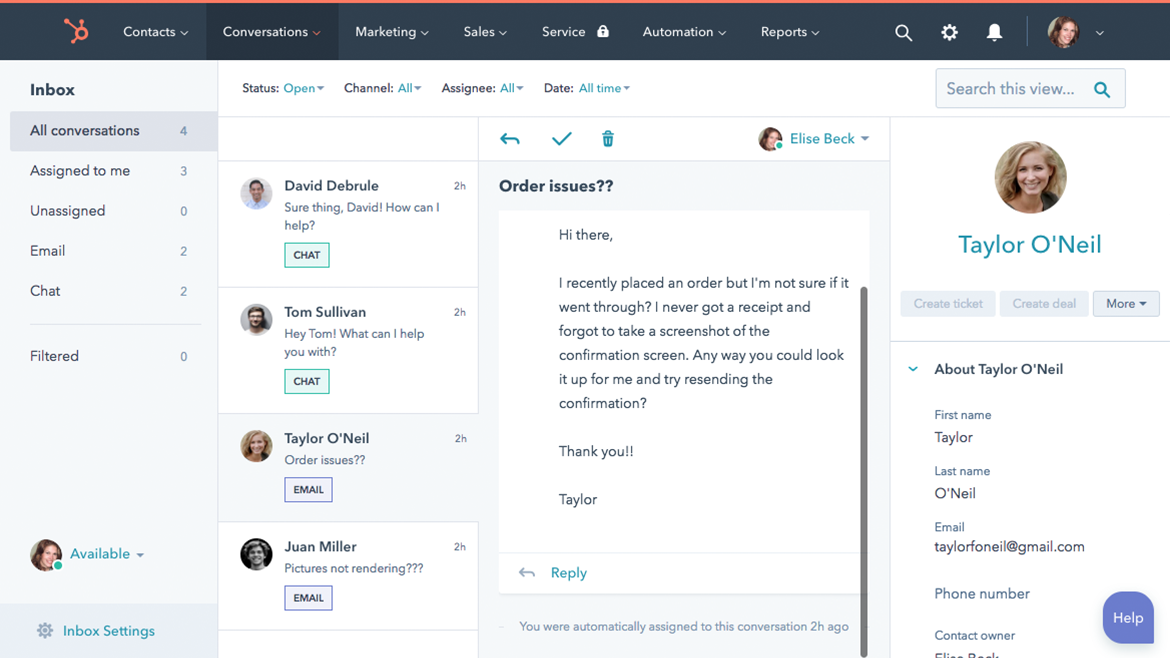 HubSpot UI showing helpful context from your Smart CRM alongside your emails, right inside HubSpot