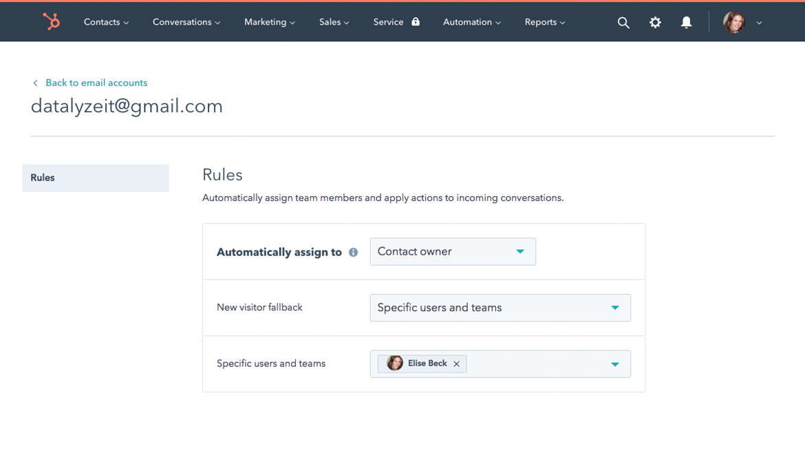 HubSpot UI showing how a user would set up automatic assignment rules for their team