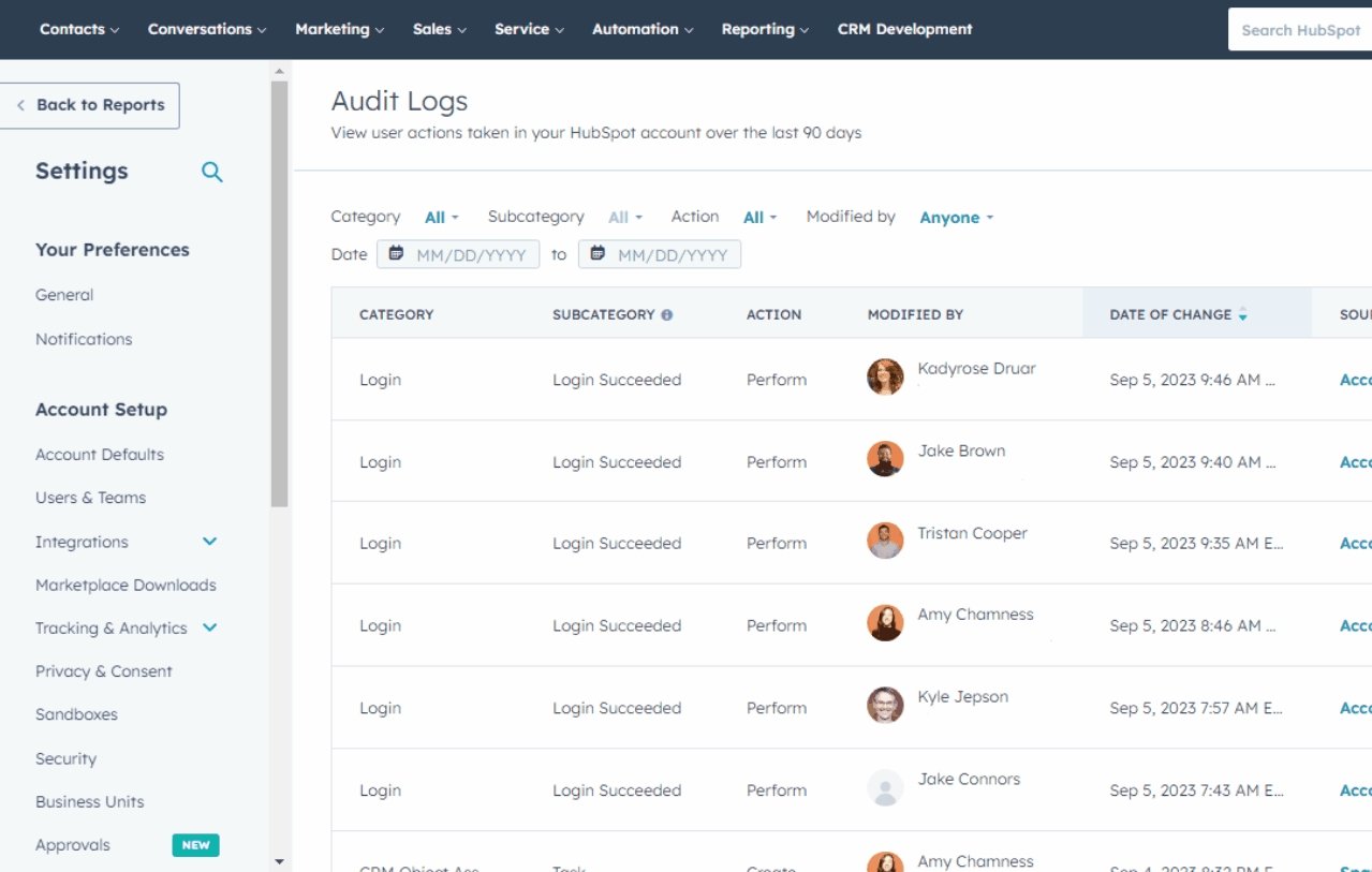 HubSpot product screenshot showing how users can access audit logs and create reports of different user actions in their account