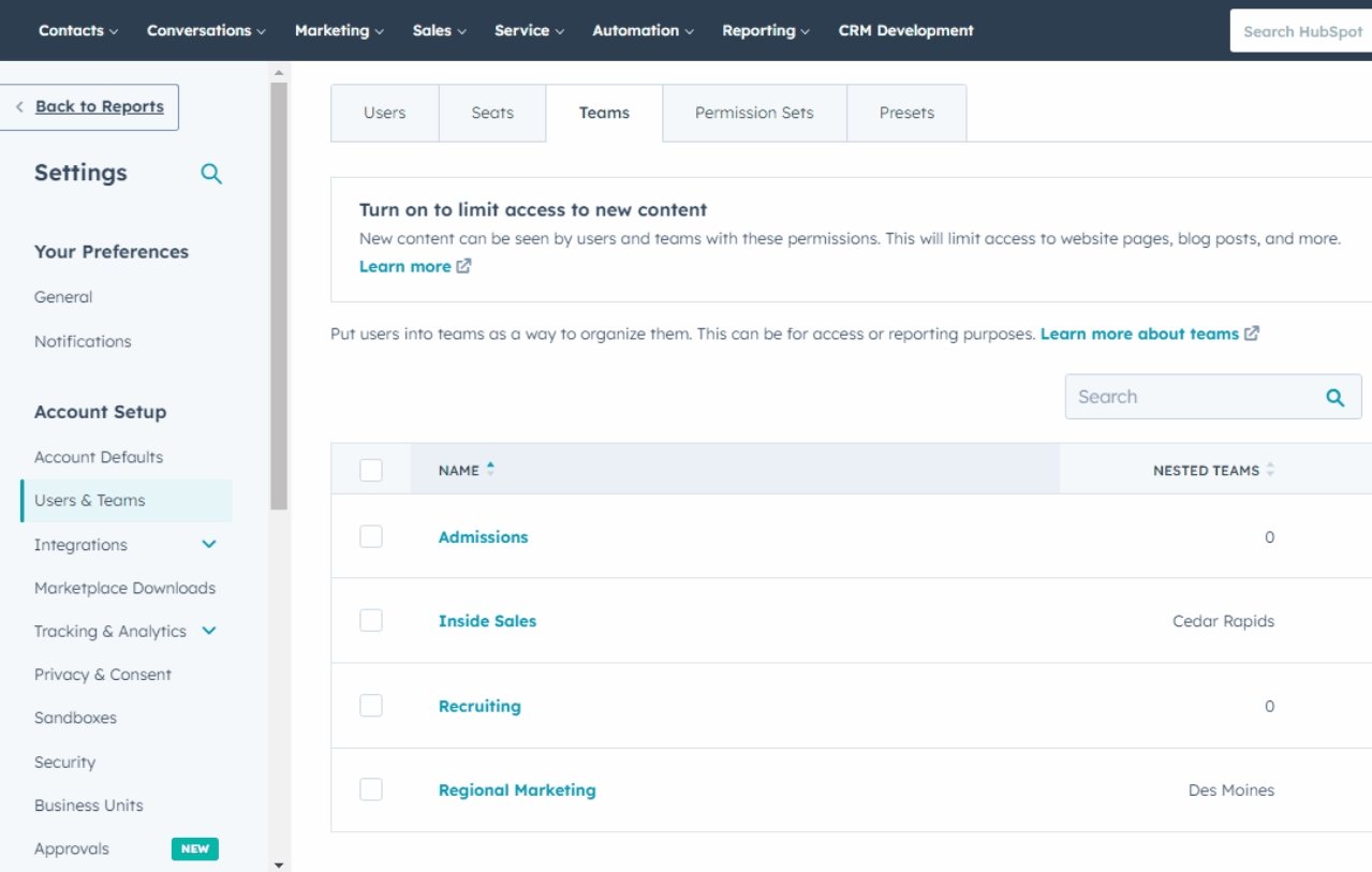 HubSpot product screenshot showing how users can organize users into different teams, like sales and marketing