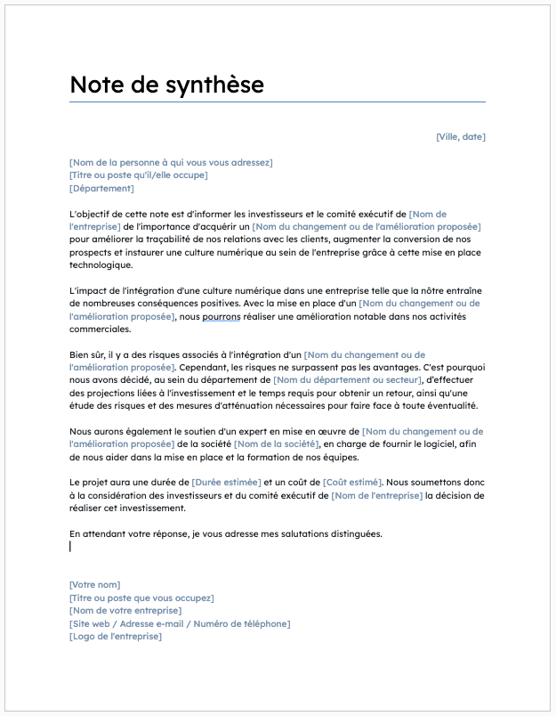 Note de synthèse exemple