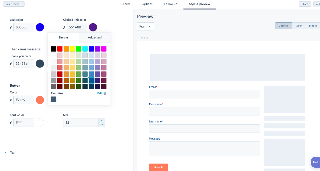 HubSpot forms tool showing drag-and-drop editor