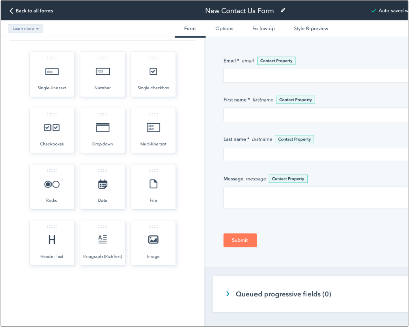 HubSpot forms tool showing editor interface