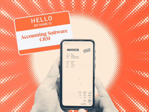  a hubspot featured image of a halftone blue and white phone with a paid invoice on its screen, next to a nametag that says ‘hello my name is accounting software crm’