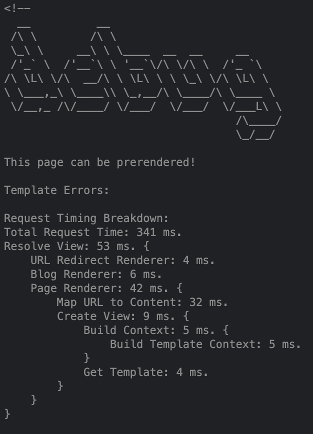 Screenshot of HTML comment showing that page can be prerendered
