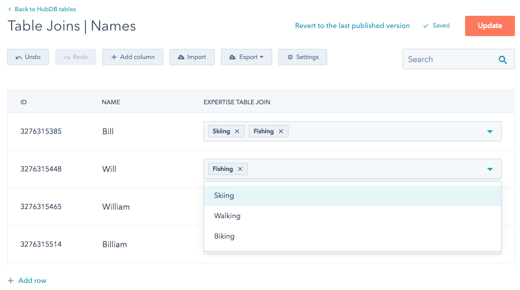 HubDB UI showing foreign table rows in table. HubDB UI showing foreign table rows in table.