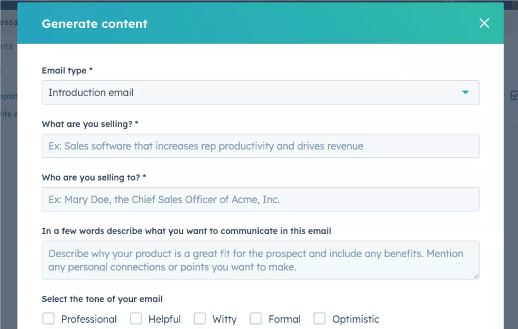 hubspot ai content writer drafting introduction email with prompts