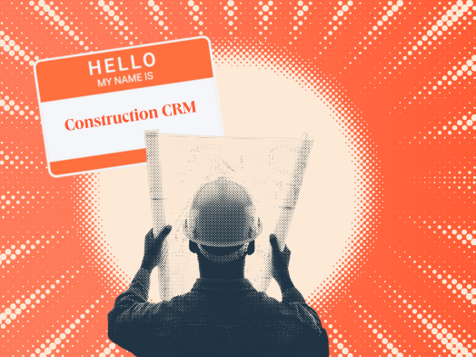  a hubspot featured image of a halftone blue and white construction worker holding a plan in his hands next to a nametag that says ‘hello my name is construction CRM’ 