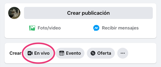 Botón «En vivo» para iniciar el proceso de Facebook Live en PC